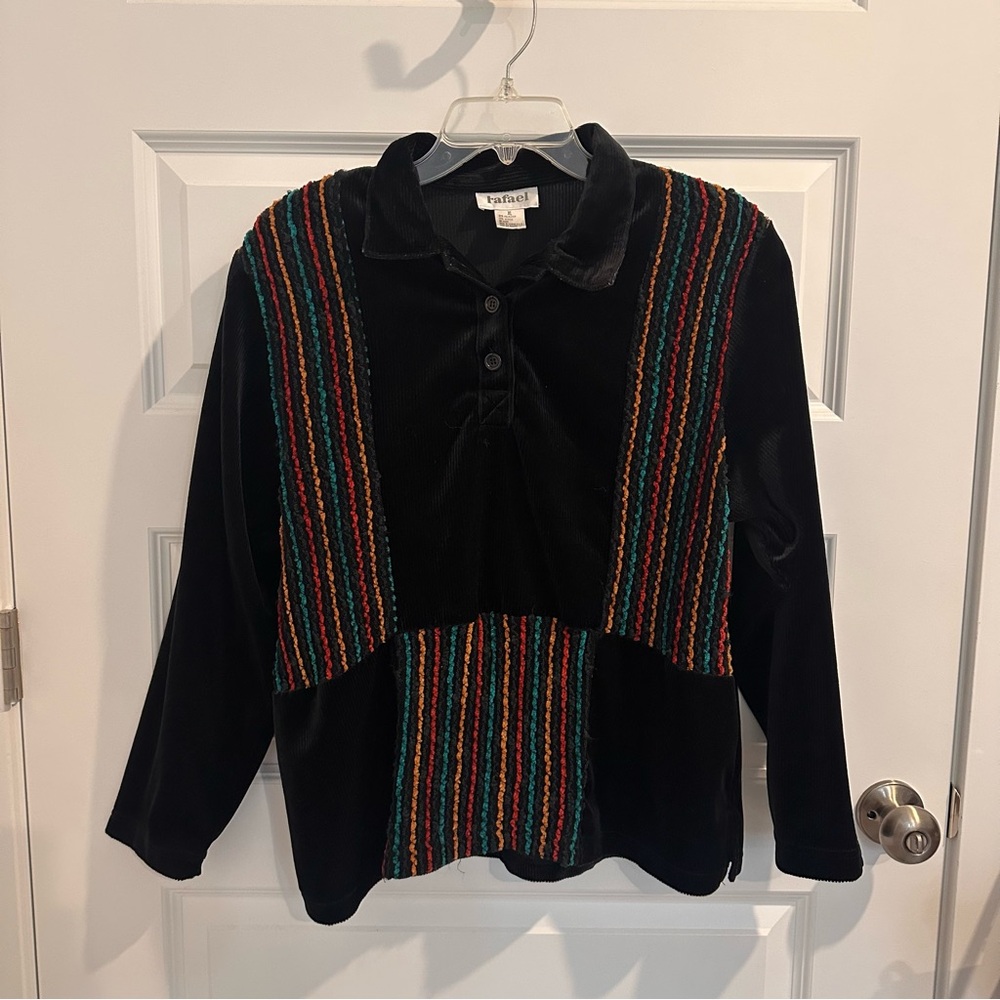 RAFAEL Black Velour Stripe Top with Polo Collar